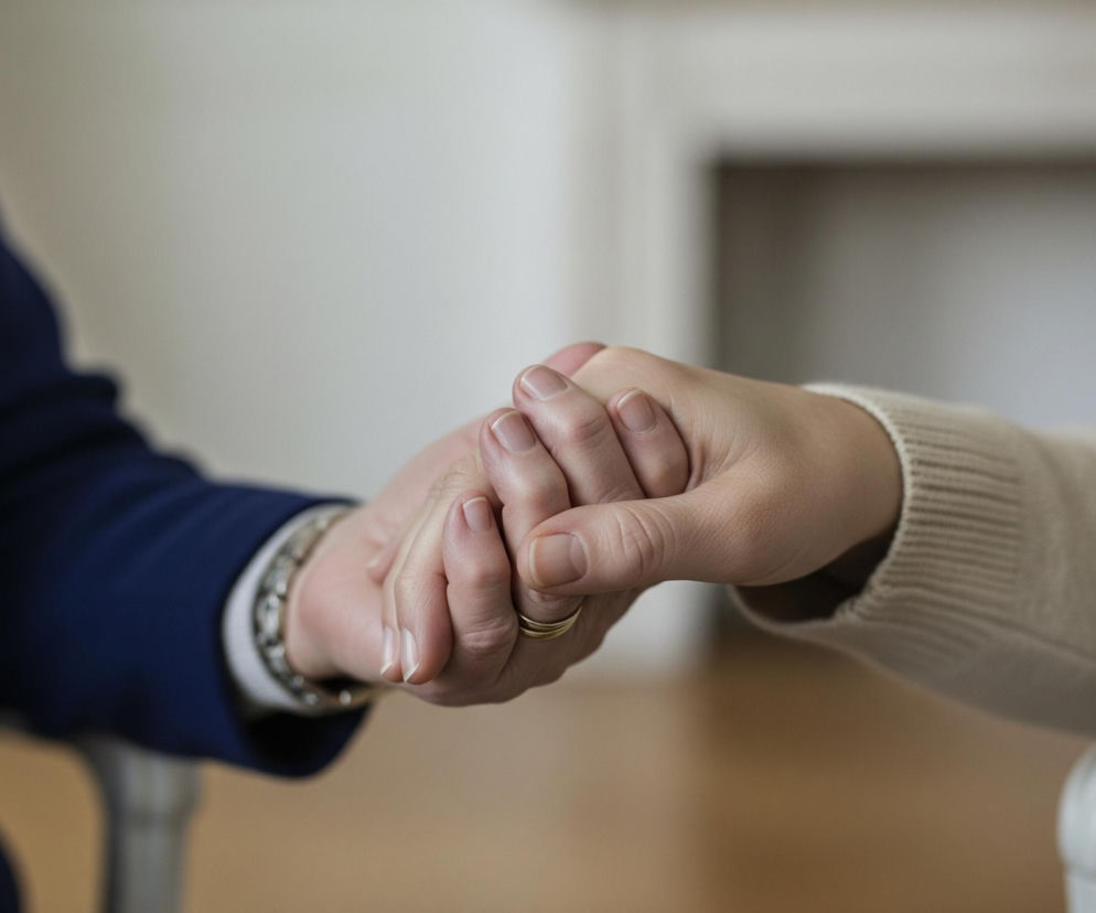 Dwie dłonie splatają się ze sobą na pierwszym planie, z palcami jednej dłoni owijającymi się wokół palców drugiej. Lewa dłoń należy do osoby ubranej w ciemnoniebieską marynarkę z białą koszulą i ozdobną bransoletką na nadgarstku, natomiast prawa dłoń należy do osoby ubranej w beżowy sweter. Na lewej dłoni widoczny jest złoty pierścionek na palcu serdecznym. Tło jest rozmyte, ale zarys kominka lub ramy drzwi w jasnym kolorze jest widoczny w górnej części obrazu, a pod nim rozciąga się jasnobrązowa powierzchnia.