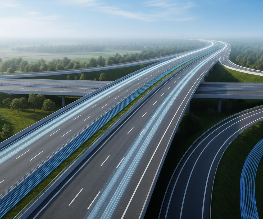 Rozbudowana sieć autostrad i dróg ekspresowych przecina zielony krajobraz, składający się z pól i lasów, widoczny z lotu ptaka. Główna, czteropasmowa autostrada, rozdzielona pasem zieleni z niebieskimi barierkami, jest wyraźnie oświetlona jasnoniebieskimi smugami światła, sugerującymi ruch pojazdów. Wokół niej rozciągają się liczne łącznice i zjazdy, zbudowane z ciemnoszarego asfaltu z białymi pasami, niektóre poprowadzone na estakadach wspartych na betonowych filarach. Całość oświetla poranne słońce, tworząc ciekawe kontrasty między zacienionymi i jasnymi obszarami.