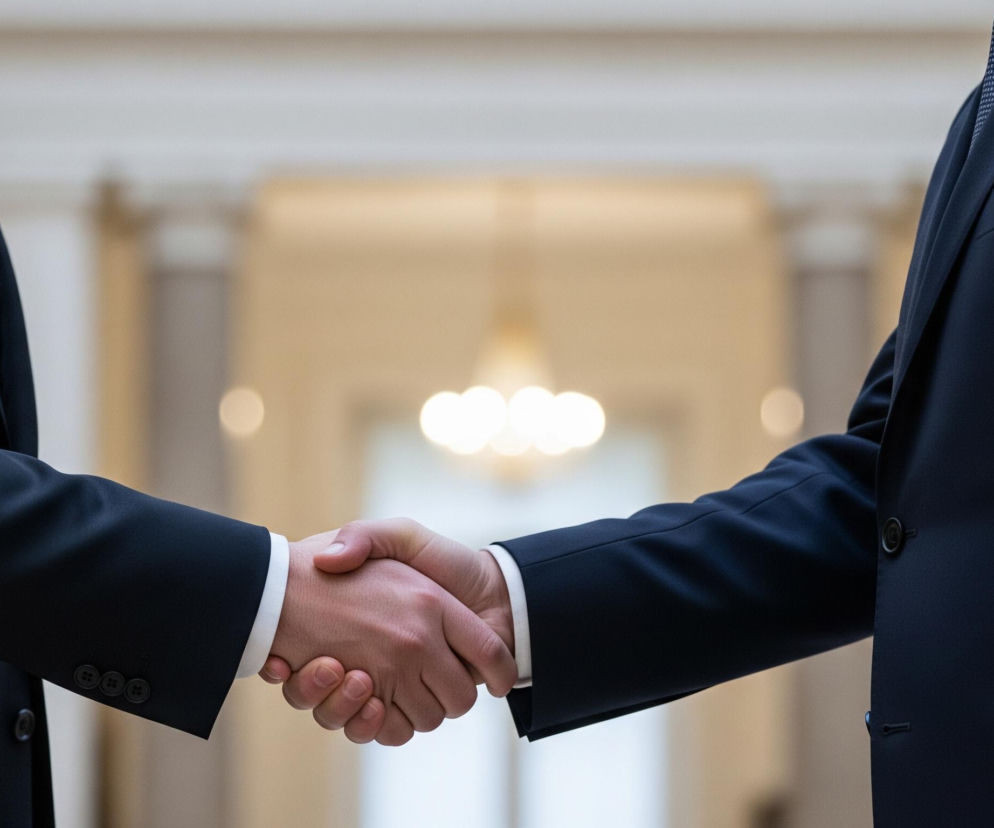 Dwa męskie przedramiona, ubrane w eleganckie granatowe garnitury, z białymi mankietami koszul, ściskają sobie dłonie w centrum kadru. Lewa osoba ma krawat w drobną kratkę w odcieniach niebieskiego, podczas gdy prawa osoba nosi krawat w kropki o podobnej kolorystyce. W tle, rozmyte, widoczne są elementy architektoniczne w jasnych, beżowych i szarych tonacjach, z kulistymi źródłami światła.