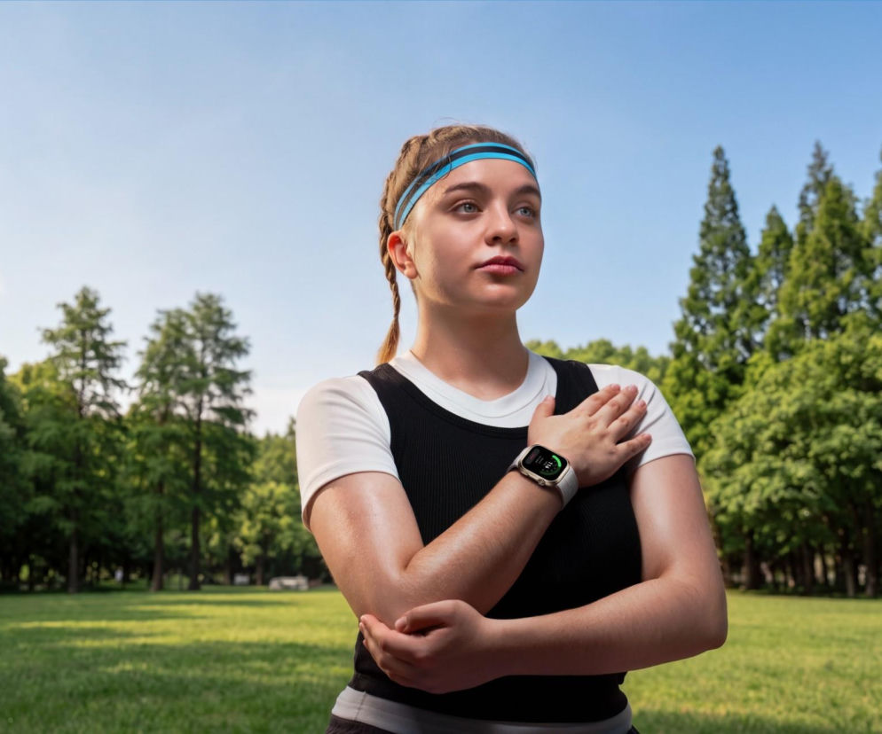 Kobieta w parku mierzy ciśnienie za pomocą HUAWEI WATCH D3. O monitorowaniu zdrowia przeczytasz na Poradnik Zdrowie.
