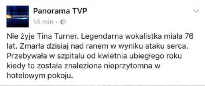 Tina Turner nie żyje? Wpadka TVP 2!