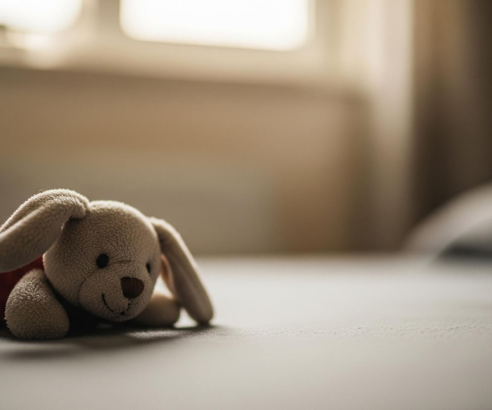 Pluszowa zabawka w kształcie królika leży na szarej powierzchni, prawdopodobnie łóżku. Królik jest beżowy, ma długie, opadające uszy, małe czarne oczy i brązowy nos oraz uśmiechniętą buzię; jego tułów jest częściowo czerwony. Tło jest rozmyte, ukazując jasne okno na górze i ciemniejszą zasłonę po prawej stronie. Scena utrzymana jest w stonowanych, ciepłych barwach, ze światłem wpadającym z góry.