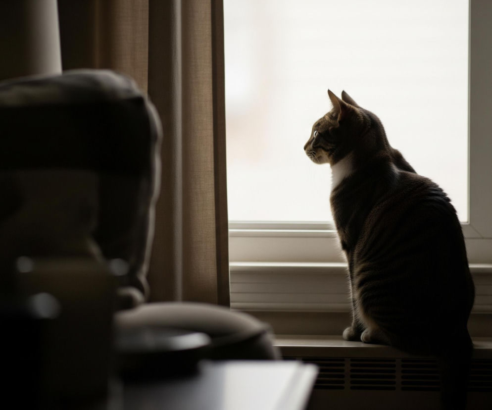 Kot o paskowanym futrze siedzi na parapecie, odwrócony w lewą stronę i patrzący przez okno. Jego sylwetka jest częściowo zacieniona, z jaśniejszymi fragmentami futra na pysku, uszach i białym kołnierzyku, które wyraźnie kontrastują z jasnym tłem okna. Po obu stronach okna widać zasłony w odcieniach brązu, a w prawym dolnym rogu parapetu widoczny jest kaloryfer z kratkami. W lewym dolnym rogu obrazu, na pierwszym planie, znajduje się ciemny, rozmazany kształt mebla.