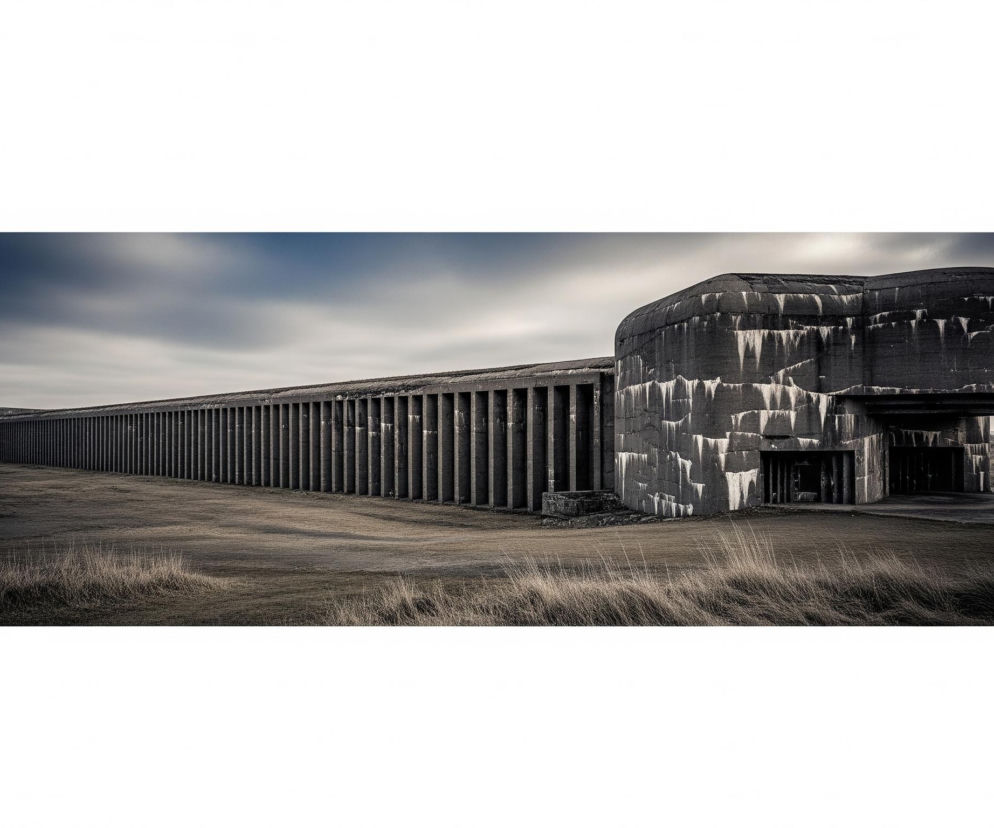 Szary, masywny, betonowy bunkier z długim, prostokątnym korpusem rozciąga się horyzontalnie, dominując centralną część kadru. Jego prawa strona zakończona jest zaokrągloną, bardziej rozbudowaną sekcją, na której widoczne są pionowe, jasne smugi przypominające zacieki. Powierzchnia bunkra jest chropowata i ciemna, z pojedynczym otworem wejściowym w prawym, zaokrąglonym fragmencie. Obiekt stoi na piaszczystym, brązowo-żółtym terenie porośniętym suchą trawą, która rozciąga się w stronę horyzontu. Nad bunkrem rozpościera się zachmurzone niebo o szaro-błękitnych odcieniach, z rozmytymi, dynamicznymi chmurami.