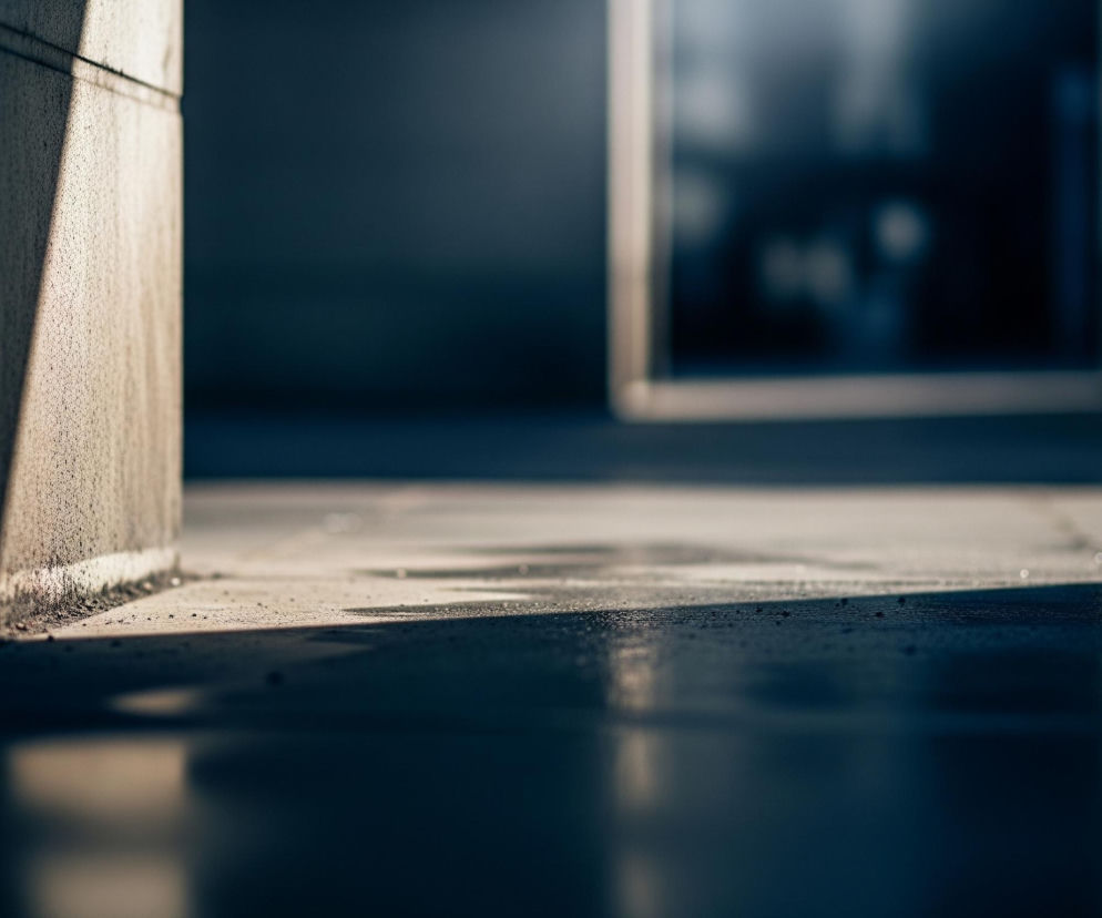 Lewa strona zdjęcia ukazuje pionową, beżową ścianę, oświetloną częściowo intensywnym, ciepłym światłem, które tworzy długi, skośny cień na podłodze. Cień ten rozciąga się w głąb obrazu, a jego lewa krawędź jest wyraźnie zdefiniowana, oddzielając jaśniejszą, teksturalną powierzchnię podłogi od ciemniejszej, refleksyjnej przestrzeni na pierwszym planie. W tle widać niewyraźne, rozmyte elementy architektoniczne, prawdopodobnie okno lub wejście, oświetlone chłodniejszym, niebieskawym światłem. Cała scena jest utrzymana w głębokich odcieniach niebieskiego i beżu, z wyraźnym kontrastem między jasnymi, nagrzanymi słońcem partiami a ciemnymi, zacienionymi obszarami.