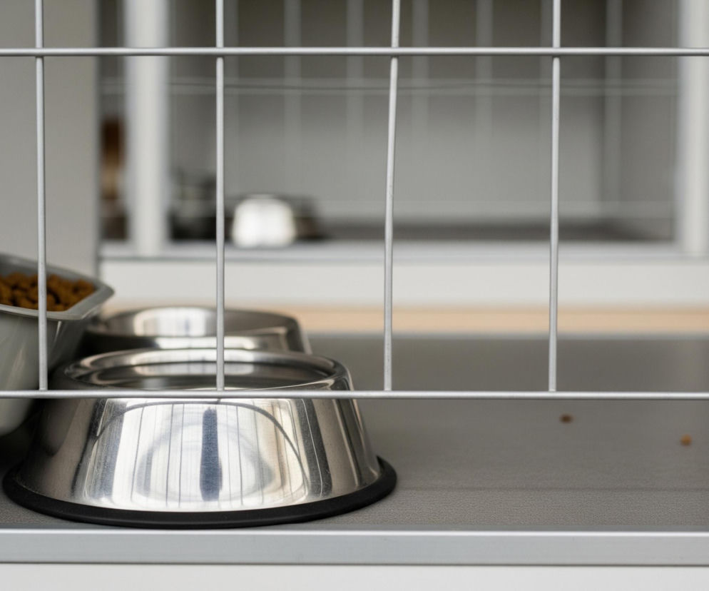 Główny plan zajmuje metalowa klatka lub kennel, składająca się z pionowych i poziomych prętów w kolorze srebrnym. Wewnątrz klatki, na szarej podłodze, znajdują się dwie błyszczące, metalowe miski, jedna za drugą, z czarnymi gumowymi obręczami na spodzie. Po lewej stronie, zawieszony na wewnętrznej ściance klatki, widoczny jest szary, plastikowy pojemnik wypełniony brązową, suchą karmą. Tło stanowi rozmyta przestrzeń z elementami bieli i beżu, sugerującymi inne podobne segmenty.