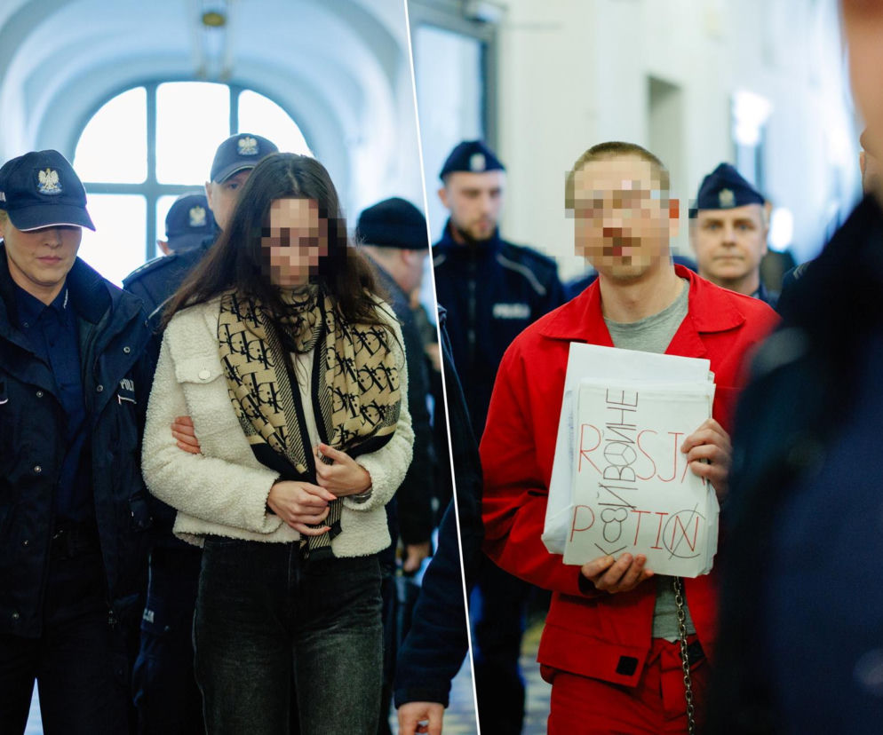 Policjanci prowadzą kobietę i mężczyznę oskarżonych o szpiegostwo. O wyroku dla pary z Rosji przeczytasz na SE.