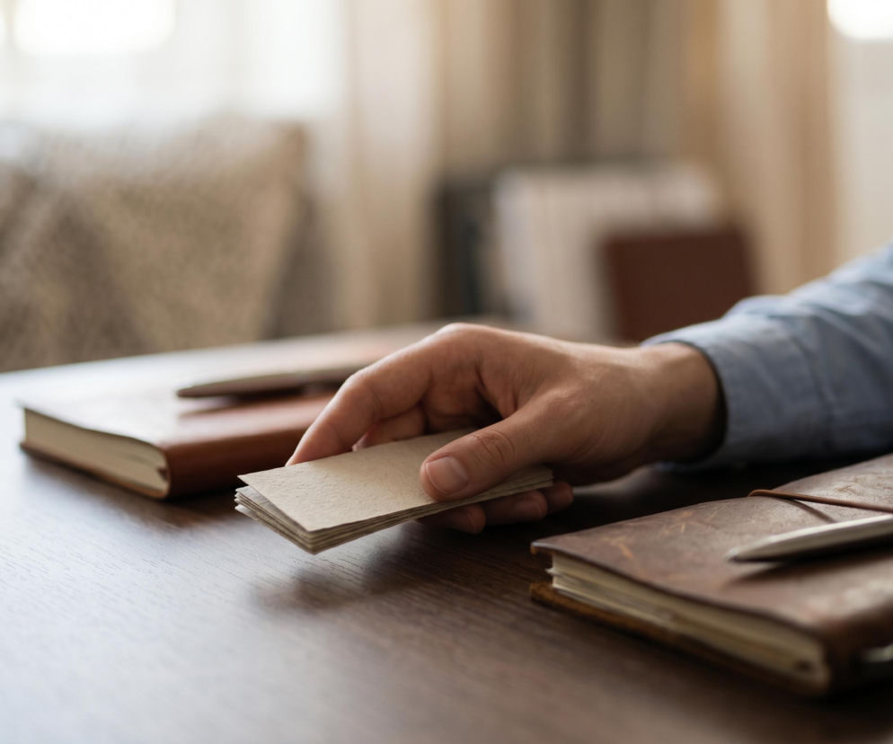 Dłoń osoby w jasnej koszuli podaje stos pustych wizytówek lub małych kartek papieru. Obok leżą dwa skórzane notesy z piórami. Scena symbolizuje ważne informacje o karach UOKiK, o których przeczytasz na Super Biznes.