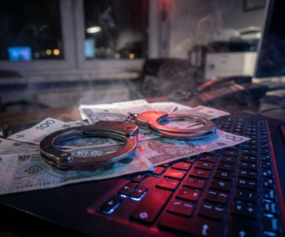 Kajdanki leżące na banknotach i laptopie