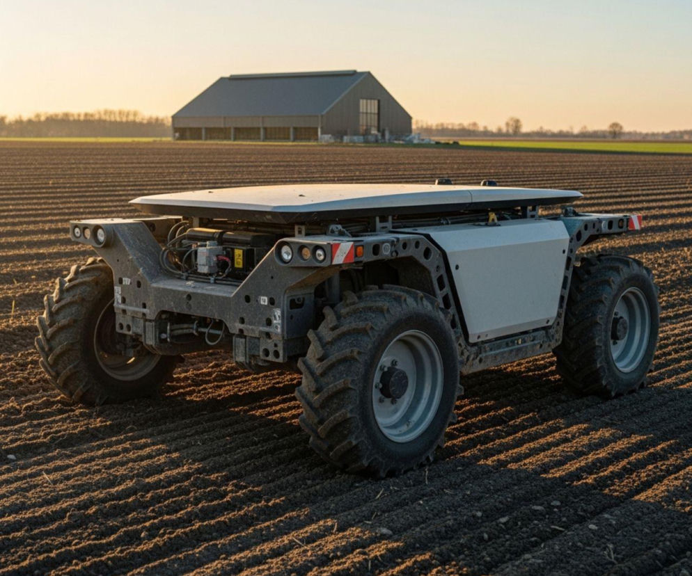 Autonomiczny robot rolniczy AgXeed 2.055 W3 z czterema kołami o bieżnikach w kształcie jodełki stoi na zaoranym polu. W tle widoczny jest duży budynek gospodarczy. O robotach rolniczych możesz przeczytać na Super Biznes.