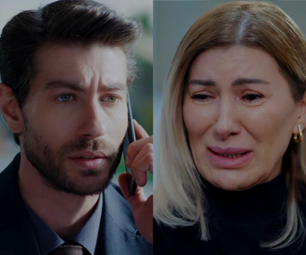 Sinan rozmawiający przez telefon oraz płacząca Ezgi obok. O intrydze w serialu Dziedzictwo przeczytasz na SE Superseriale.