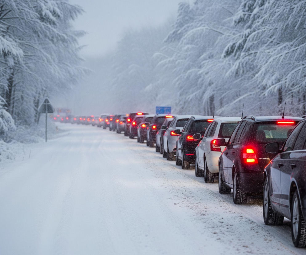 Rząd samochodów z włączonymi czerwonymi światłami tylnymi stoi w korku na zaśnieżonej drodze, rozciągającej się w głąb obrazu. Droga jest pokryta śniegiem, podobnie jak szerokie pasy drzew, które obramowują ją po obu stronach, tworząc zimowy krajobraz. Powietrze jest zamglone, prawdopodobnie od padającego śniegu, co zmniejsza widoczność odległych pojazdów i drzew. W tle widać znaki drogowe.