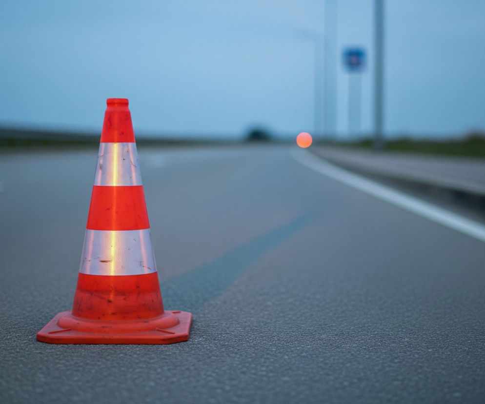 Pomarańczowy pachołek drogowy, z dwoma białymi, odblaskowymi pasami, stoi na asfalcie w lewej części kadru. Rzuca on długi, niebieskawy cień na jezdnię, która po lewej stronie posiada białą, przerywaną linię, a po prawej ciągłą. Horyzont na tle bladoniebieskiego nieba jest rozmyty, a w oddali po prawej stronie widać pomarańczowe, rozmazane światło oraz niebieski znak drogowy na słupie.