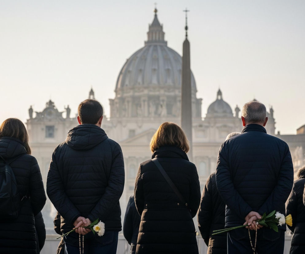 Grupa ludzi stoi tyłem do obserwatora, patrząc w kierunku odległej, monumentalnej budowli z dużą kopułą i obeliskiem. Większość osób ubrana jest w ciemne, pikowane kurtki; niektóre trzymają za plecami białe lub żółte kwiaty i różańce. Sylwetki budynków w tle są częściowo zamglone przez jasne, mlecznobiałe niebo, co tworzy spokojny i nieco melancholijny nastrój.