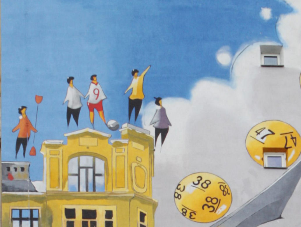 Mural na Pradze. Tytus Brzozowski umieścił w nim sportowców, kibiców i zwykłych mieszkańców Pragi