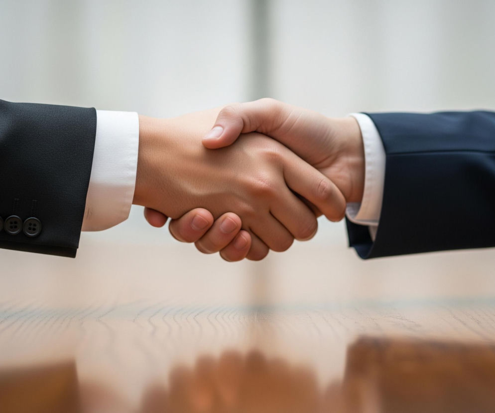 Dwie dłonie, jedna w rękawie czarnego garnituru z białą koszulą, a druga w granatowym garniturze z białą koszulą, uściskują się pośrodku kadru, na wysokości klatki piersiowej. Lewa dłoń ma nieco ciemniejszy odcień skóry niż prawa. Poniżej rąk znajduje się brązowy stół z wyraźnym rysunkiem słojów drewna, odbijający delikatne światło. Tło jest jasne, jednolity beżowy lub biały kolor, rozmyty, tworząc miękki kontrast z wyraźnymi dłońmi i stołem.