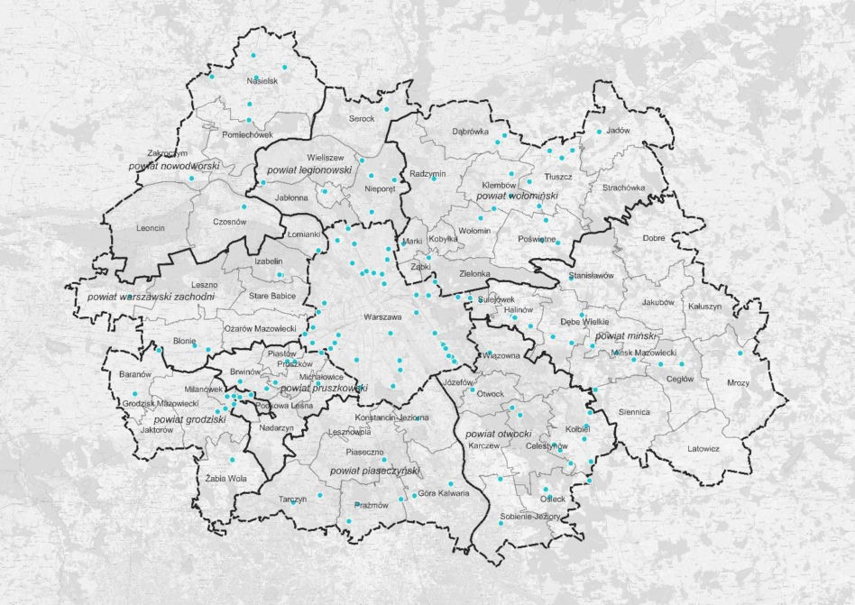 Mapa analizowanych lokalizacji parkingów P+R na terenie aglomeracji warszawskiej