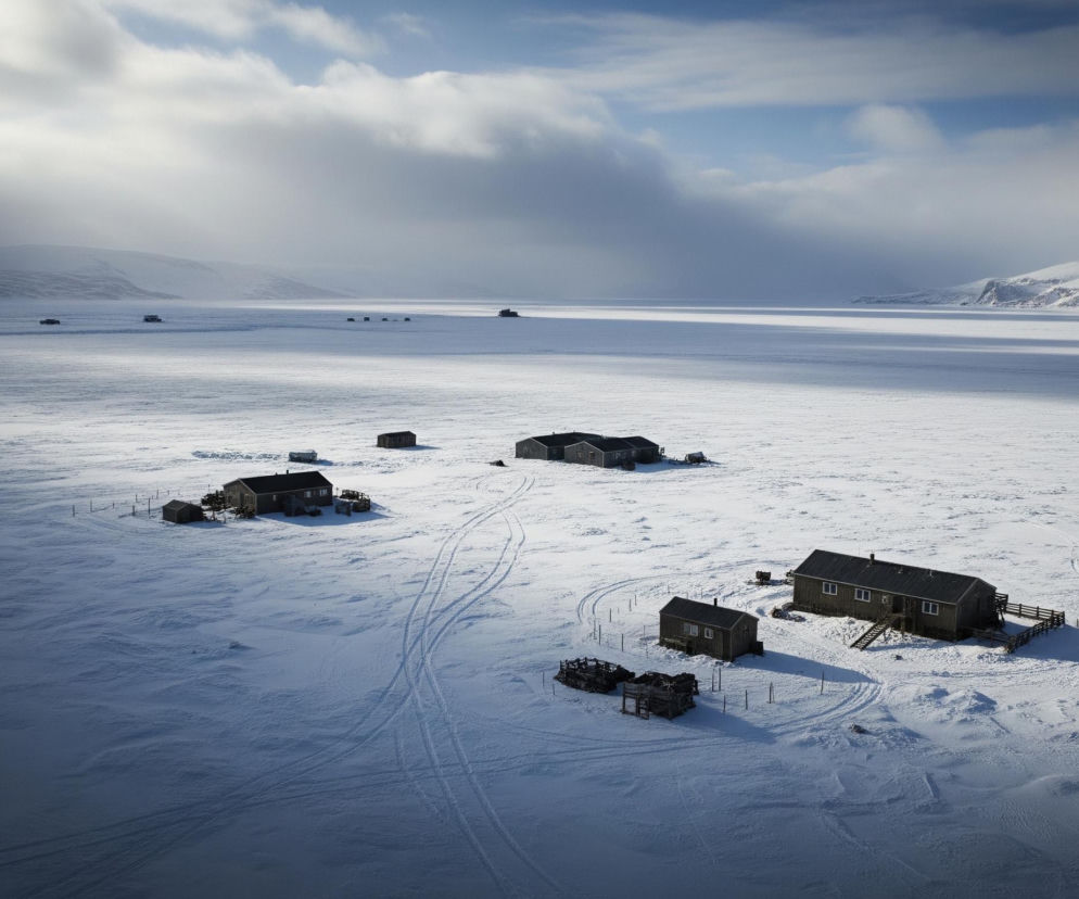 Zasśnieżony, rozległy krajobraz z brązowymi drewnianymi budynkami rozrzuconymi na białym, gęstym śniegu dominuje na zdjęciu. Budynki są różnej wielkości, z czarnymi dachami i wyraźnie widocznymi oknami, a wokół niektórych z nich leżą drewniane konstrukcje i ślady pojazdów, tworząc ciemne linie na powierzchni. W tle rozciągają się ośnieżone góry, a nad nimi wiszą ciężkie, jasnoszare chmury, miejscami przebija się błękitne niebo.