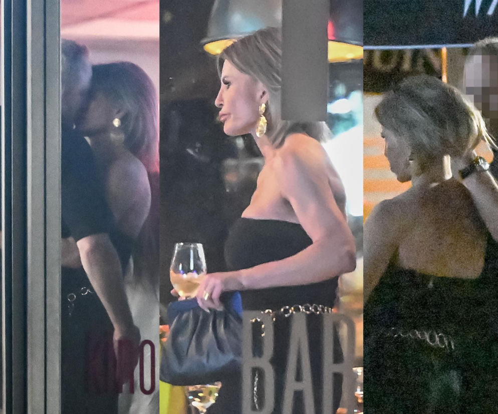 Złożony obraz paparazzi z trzech ujęć: Joanna Racewicz całująca się z partnerem, pozująca z kieliszkiem wina, oraz obejmująca partnera od tyłu. Wszystko to dzieje się na nocnej imprezie. Czytaj więcej o życiu prywatnym gwiazdy na naszym portalu.