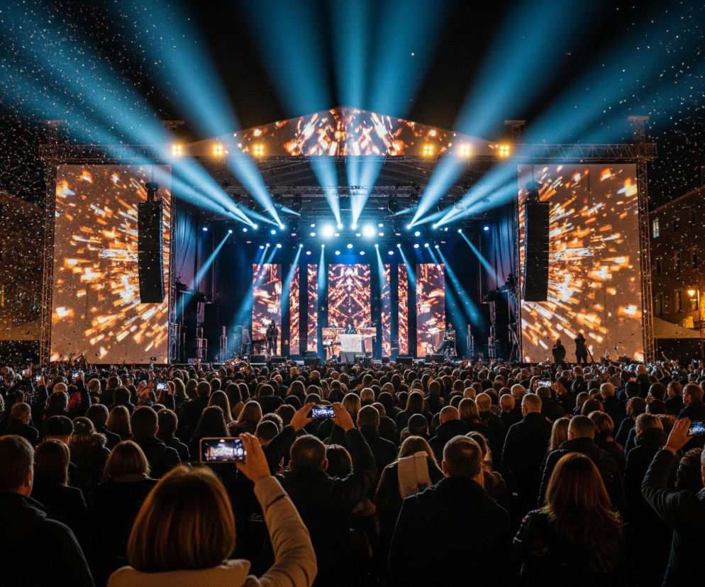 Duży tłum ludzi wypełnia pierwszy plan i środek obrazu, oglądając nocny koncert na dużej scenie. Scena, w centrum obrazu, jest oświetlona jasnymi, niebieskimi światłami reflektorów i posiada duże ekrany LED wyświetlające pomarańczowo-złote, rozświetlone wzory. Nad sceną i nad tłumem unosi się deszcz drobnych, jasnych cząsteczek, co przypomina spadające konfetti lub iskry. Z lewej i prawej strony sceny widoczne są fragmenty wysokich budynków z oknami, niektóre z nich są oświetlone ciepłym, żółtym światłem. Większość osób w tłumie jest zwrócona w stronę sceny, wiele z nich trzyma telefony komórkowe w górze, nagrywając lub fotografując wydarzenie.