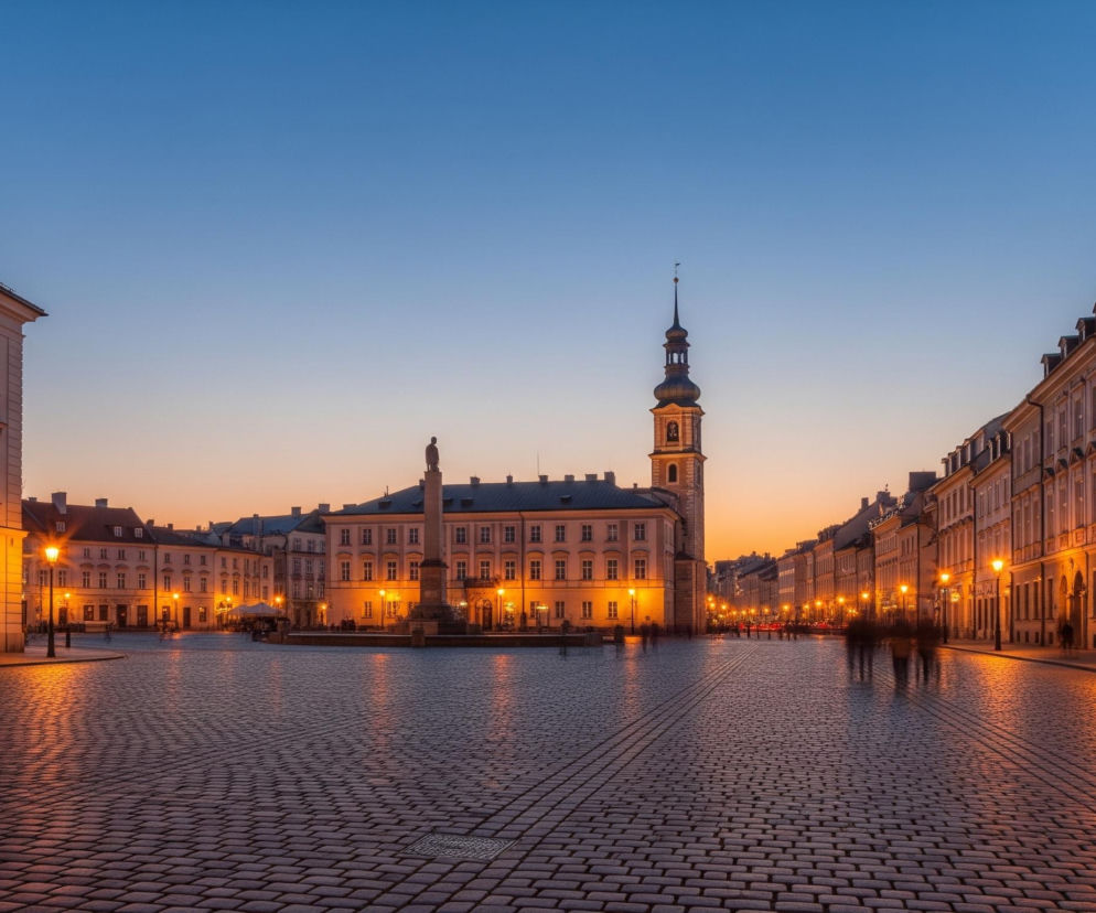 Brukowa przestrzeń miejska jest oświetlona ciepłym, pomarańczowym światłem latarni, odbijającym się na mokrej nawierzchni placu. W centrum kadru wznosi się kolumna z figurą na szczycie, a za nią widoczne są budynki z jasnymi fasadami i wysoką wieżą zegarową z kopułą. Po obu stronach placu rozciągają się rzędy klasycznych budynków z wieloma oknami, niektóre z balkonami, które również są podświetlone. Nieliczne, rozmyte postacie ludzi poruszają się po placu, tworząc smugi światła i cienia, a nad wszystkim góruje niebo w odcieniach od pomarańczowego horyzontu po głęboki błękit u góry.