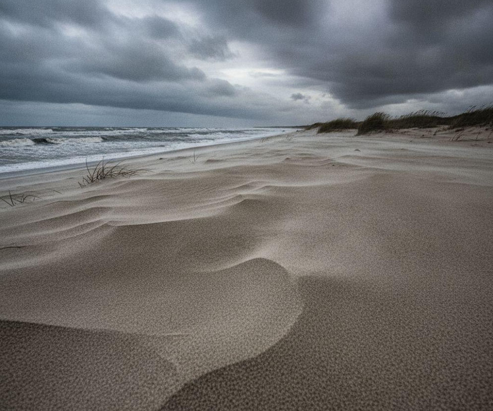 Pusta, wietrzna plaża w Łebie pod ciemnymi chmurami. O załamaniu pogody nad morzem przeczytasz na Eska Trójmiasto.