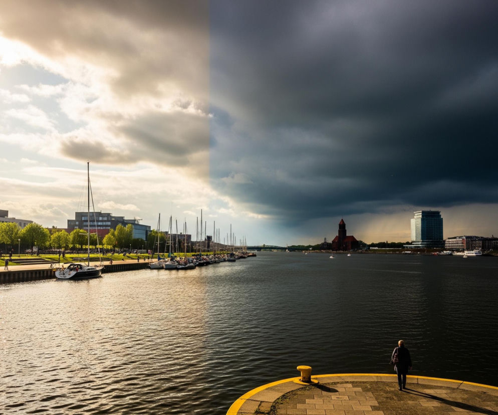 Panoramę z rzeką lub kanałem pośrodku, dzielącą kadr na dwie kontrastujące ze sobą części. Po lewej stronie dominuje jasne, słoneczne niebo z białymi i beżowymi chmurami, oświetlające wodę, która mieni się złotym blaskiem. Wzdłuż lewego brzegu widoczny jest zielony trawnik z licznymi drzewami i ludźmi spacerującymi po ścieżce, a także przystań z zacumowanymi białymi jachtami. Prawa strona obrazu charakteryzuje się ciemnym, burzowym niebem, a woda pod nim jest znacznie ciemniejsza, o głębokim granatowym odcieniu. Na prawym brzegu widoczne są budynki miejskie, w tym charakterystyczny czerwony kościół z wysoką wieżą oraz nowoczesny wieżowiec. Na pierwszym planie, w dolnym prawym rogu, znajduje się fragment kamiennego nabrzeża z żółtą linią i pojedynczą postacią stojącą tyłem do obserwatora, patrzącą na ciemną wodę.