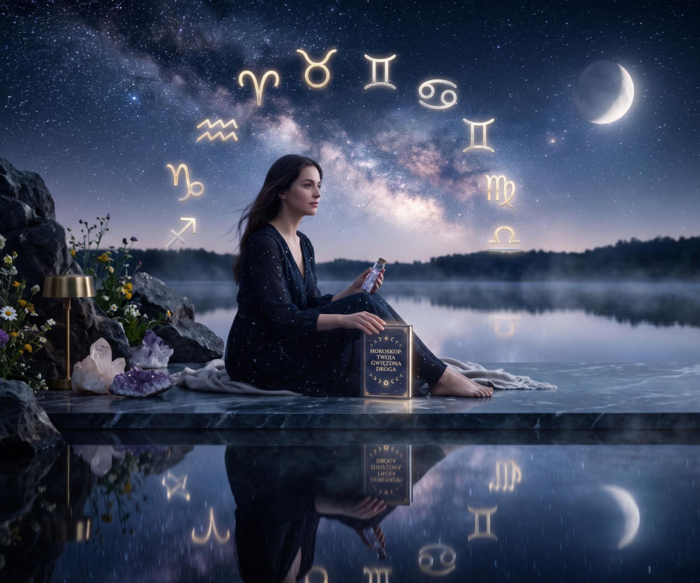 Kobieta siedzi nad jeziorem pod niebem pełnym gwiazd i znaków zodiaku. O horoskopie na dziś przeczytasz na SE.