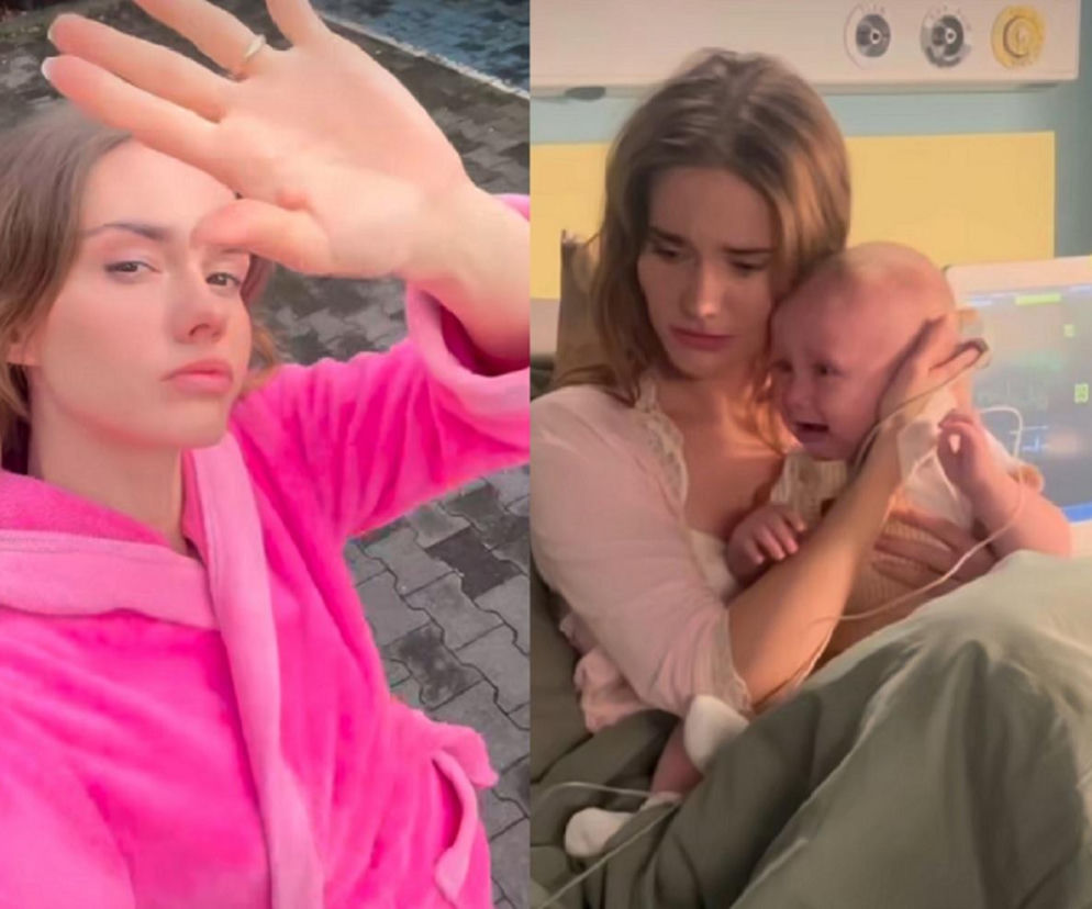 Dominika Kachlik jako Franka w M jak miłość żegnająca się z synem Antosiem w szpitalu oraz aktorka w różowym szlafroku na zewnątrz. Fotografie ukazują kulisy serialu i odejście Franki, o czym można przeczytać więcej na portalu Super Seriale.