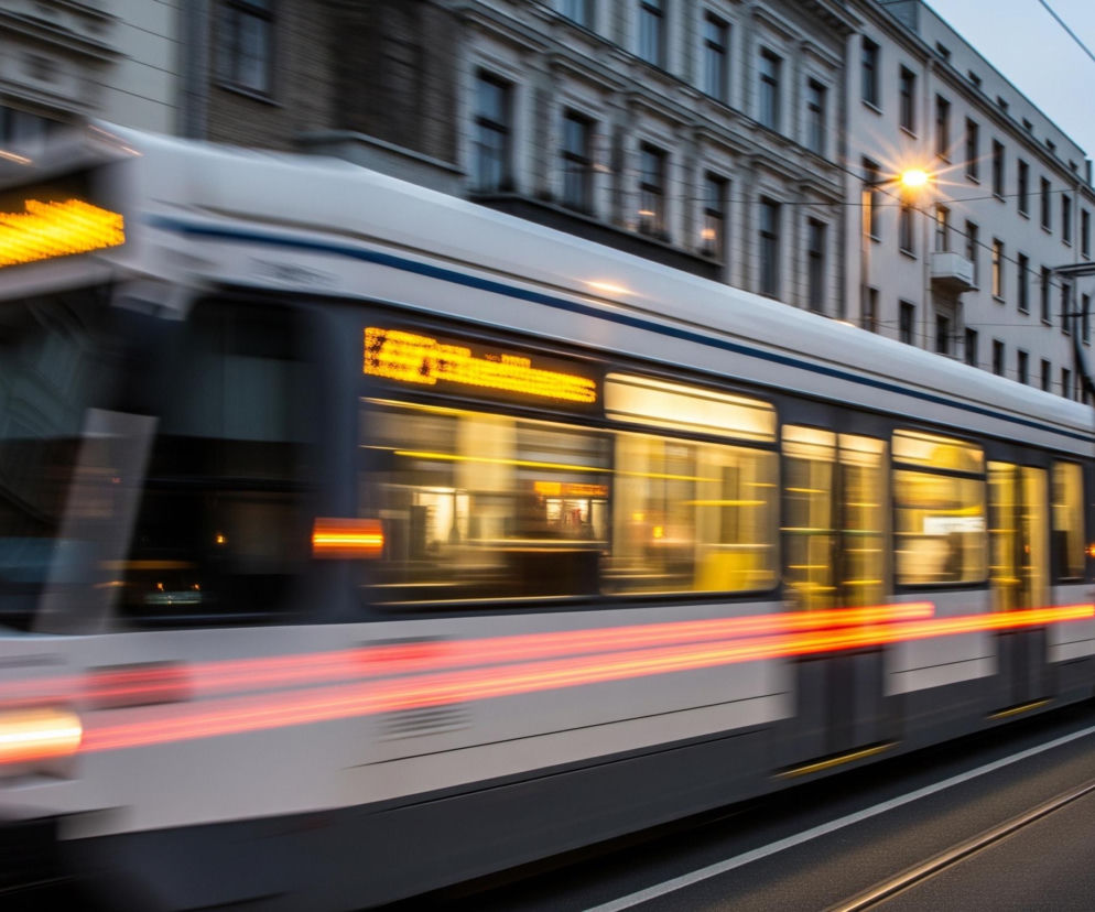 Biało-szary tramwaj z niebieskim paskiem jedzie w prawo, z rozmytym przodem symbolizującym ruch. Jego wewnętrzne światła rzucają ciepłe, żółte refleksy na okna, a żółty wyświetlacz na przodzie i boku jest rozmazany. Przednie światła emitują jasne, czerwonawe smugi światła, które rozciągają się horyzontalnie wzdłuż torów.

Na tle widać wielopiętrowe budynki o jasnych elewacjach, które również są lekko rozmyte, co podkreśla dynamikę ruchu tramwaju. Wzdłuż ulicy rozmieszczone są uliczne latarnie o ciepłym, żółtym świetle, oświetlające chodniki i fasady budynków. Tory tramwajowe widoczne są na dole kadru, z ciemnym asfaltem i białymi liniami, które prowadzą wzrok w głąb obrazu.