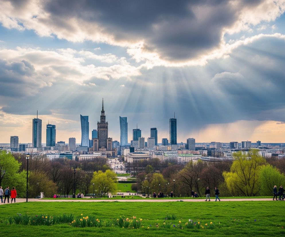 Panoramiczny widok na miasto z dominującym na horyzoncie zespołem wieżowców i wysokich budynków, w tym centralnym, ciemniejszym wieżowcem z iglicą. Niebo pokryte jest częściowo chmurami, z których wydobywają się promienie słońca, tworząc efektowne smugi światła. Na pierwszym planie rozciąga się zielony, trawiasty teren parku z alejkami, na których spacerują pojedyncze osoby i małe grupy ludzi. W trawie widać rozsiane małe, kolorowe kwiaty, głównie żółte i fioletowe, a park otaczają liczne drzewa o różnym stopniu ulistnienia.