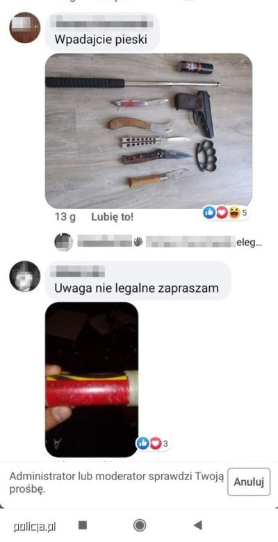 Łódź: Publikował zdjęcia policjantów i ich rodzin oraz nawoływał do prześladowania. Pokazał kastety i broń podpisując "Wpadajcie pieski"