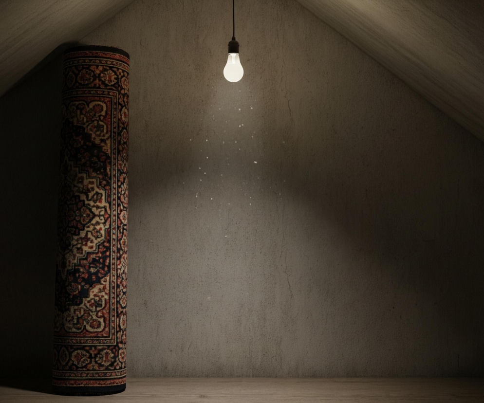 Zrolowany dywan o ciemnym tle z czerwono-beżowymi, geometrycznymi wzorami stoi pionowo w lewym rogu pomieszczenia. Nad nim, z sufitu zwiesza się pojedyncza, świecąca żarówka, rzucając jasne światło na ścianę i oświetlając kurz unoszący się w powietrzu. Pomieszczenie ma pochyły sufit i ściany o szarej, teksturowanej powierzchni, a podłoga wykonana jest z jasnego drewna.