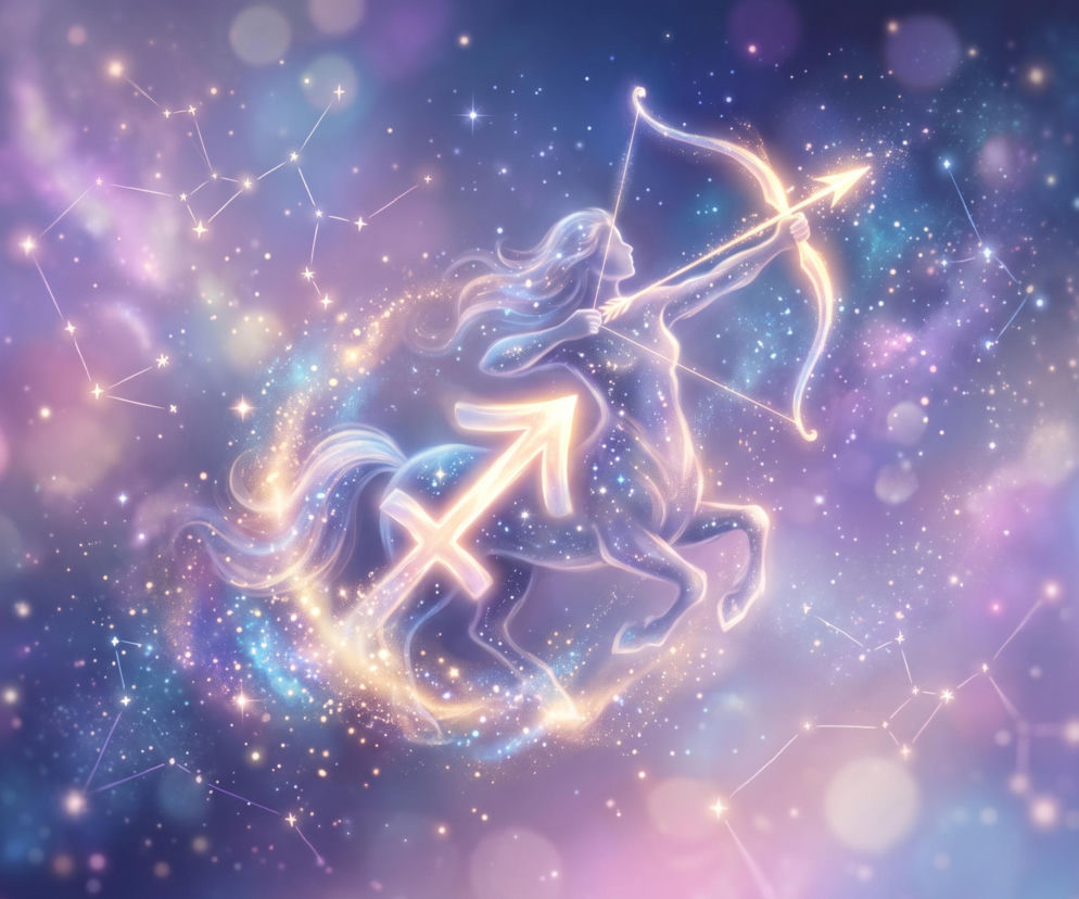 Świecący centaur ze strzałą na tle kosmosu jako znak zodiaku Strzelec. Horoskop dla Strzelca znajdziesz na Eska.