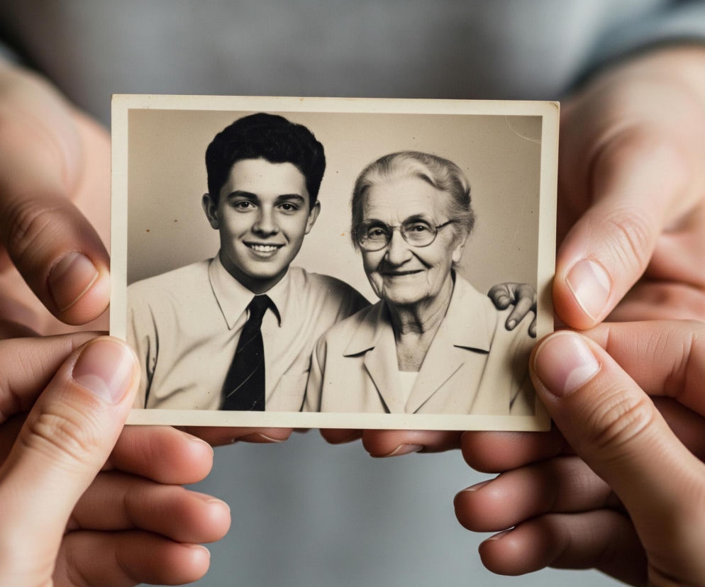 Dwie dłonie trzymają poziome, prostokątne, czarno-białe zdjęcie. Fotografia przedstawia młodego mężczyznę i starszą kobietę, oboje uśmiechają się i są zwrócone lekko w prawo; młody mężczyzna ma krawat, a kobieta okulary. Dłonie są jasne, o jasnoróżowym odcieniu, a tło za nimi jest rozmyte, z jasnoszarym ubraniem i ciemnym tłem po prawej i lewej stronie.