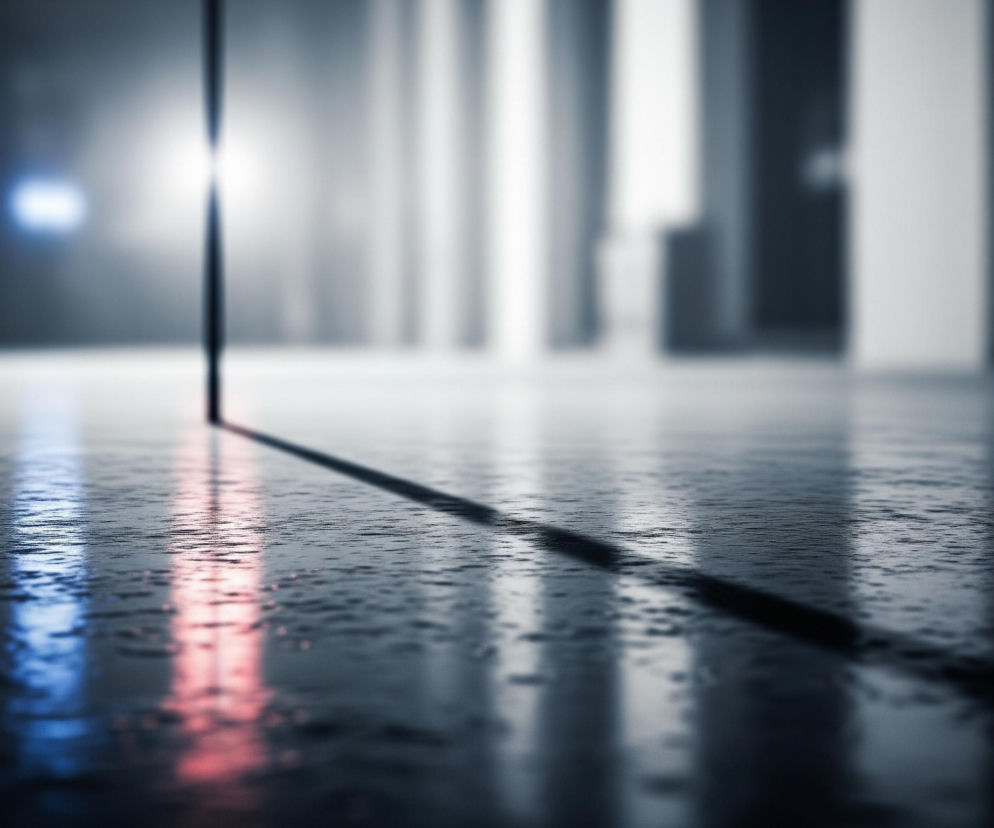 Na pierwszym planie widoczna jest mokra, ciemna powierzchnia, prawdopodobnie posadzka, z licznymi kroplami wody tworzącymi nieregularne wzory. Na tej powierzchni rozciąga się długa, ciemna linia, biegnąca od centralnej dolnej części obrazu w prawą stronę, ku górze. Po lewej stronie tej linii, na mokrej posadzce, odbija się niebieskie światło, a obok niego, bliżej dołu, widoczne są czerwone refleksy. W tle dominuje rozmyty obraz budynków lub wysokich konstrukcji o jasnych i ciemnych pionowych płaszczyznach, oświetlonych odległymi, jasnymi źródłami światła, tworzącymi blask i mglistą atmosferę.