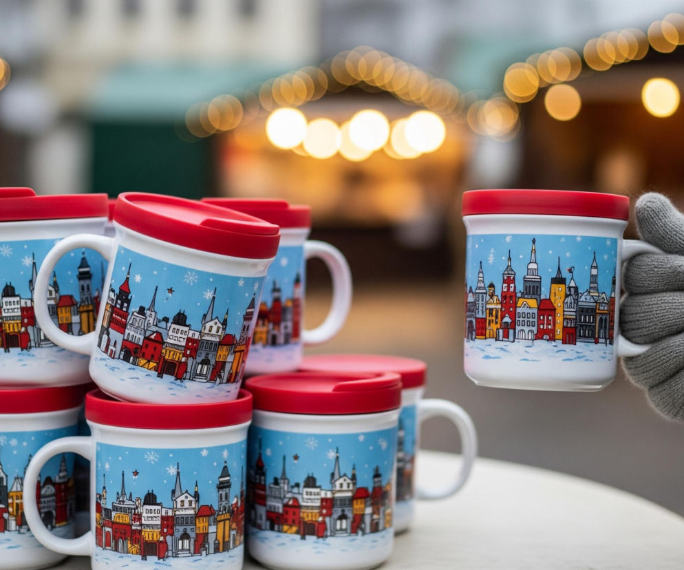 Na pierwszym planie, po lewej stronie, znajduje się stos kilkunastu ceramicznych kubków z czerwonymi, szczelnymi pokrywkami. Kubki są białe z niebieskim tłem przedstawiającym malownicze, kolorowe kamieniczki w zimowym krajobrazie z płatkami śniegu i gwiazdkami. Po prawej stronie, dłoń ubrana w szarą, dzianą rękawiczkę, trzyma jeden taki sam kubek, unosząc go ponad stołem. W tle widoczne są rozmazane, ciepłe, żółte światła lampek choinkowych oraz zarysy budek jarmarkowych, tworząc świąteczną atmosferę.