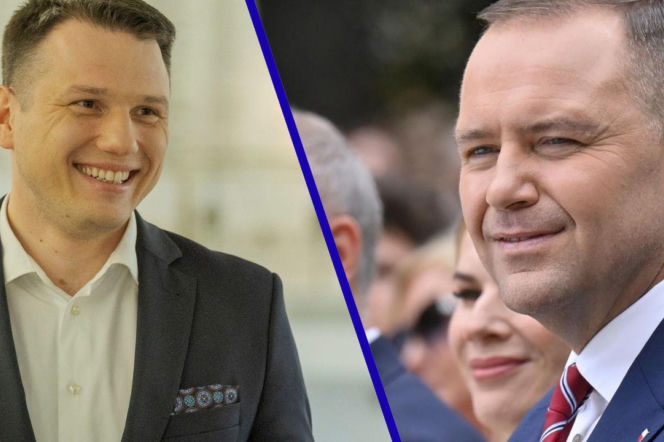 Uśmiechnięty prezydent Karol Nawrocki (po lewej, w garniturze i białej koszuli) obok Sławomira Mentzena (po prawej, w garniturze, koszuli i krawacie) symbolizują dyskusje polityczne dotyczące rynku kryptoaktywów, o których przeczytasz na Super Biznes.