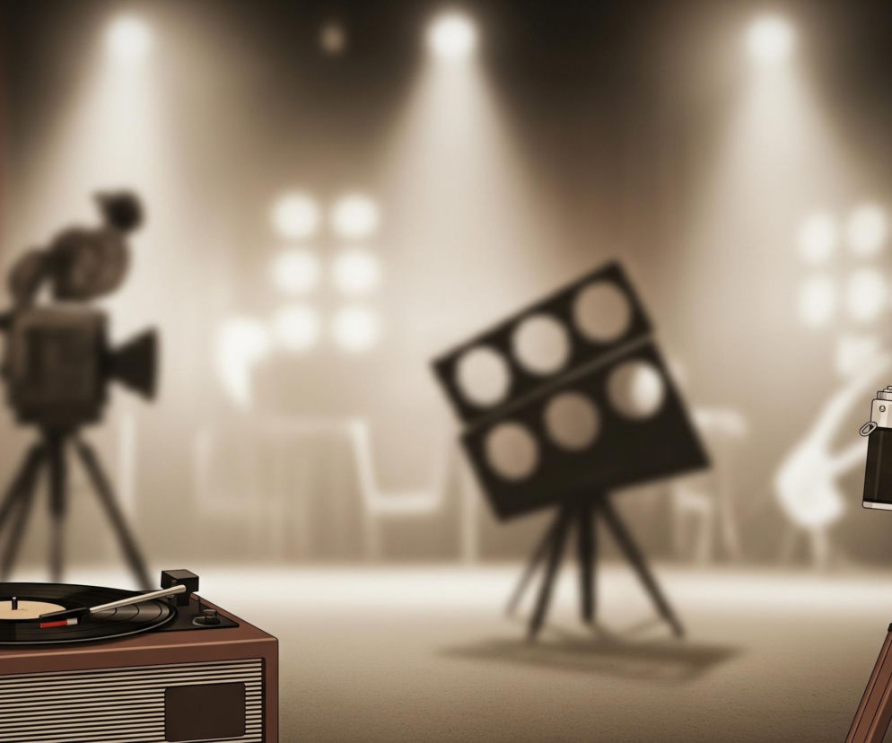 Na pierwszym planie, z lewej strony, znajduje się gramofon z czarną płytą winylową, na której leży igła. Obok gramofonu stoi chromowany mikrofon retro. Po prawej stronie, na trójnogu, ustawiona jest stara kamera filmowa z dwoma okrągłymi rolkami u góry. Tło jest rozmyte, dominują odcienie sepii i brązu, z wyraźnymi snopami światła padającymi z góry na scenę, na której niewyraźnie widać inne sprzęty filmowe oraz zarys krzeseł i stołów.