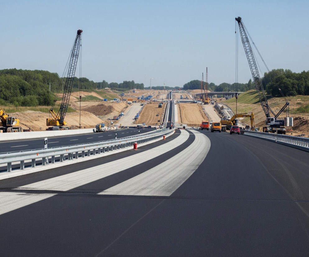 Półwykończona, szeroka droga asfaltowa z widocznymi świeżymi pasami ruchu, częściowo białymi, biegnie przez centralną część kadru, z dwoma dużymi dźwigami po obu stronach w oddali. Dźwigi są otoczone przez liczne maszyny budowlane, ciężarówki i koparki, pracujące na rozległym placu budowy nowej autostrady. Po obu stronach drogi rozciągają się zielone zalesione tereny, a jasnoniebieskie niebo dominuje w górnej części obrazu.
