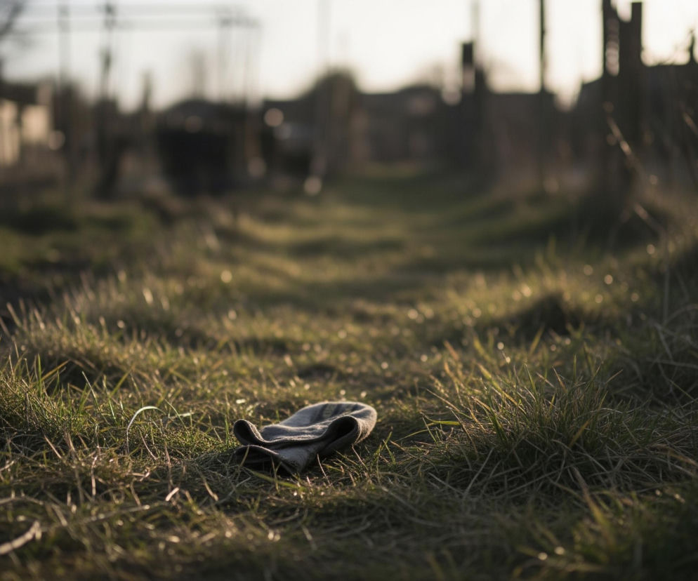 Na pierwszym planie, centralnie, leży ciemnoszara, zmięta rękawiczka lub skarpetka, wykonana z materiału tekstylnego, wśród zielonej i wyschniętej trawy. Trawa ta, częściowo oświetlona ciepłym, złocistym światłem słonecznym, tworzy ścieżkę biegnącą w głąb obrazu. Ścieżka ta jest lekko rozmyta w tle, gdzie widać niewyraźne zarysy ogrodzeń i zabudowań w stonowanych, ciemnych barwach, z jaśniejszym, rozmytym niebem widocznym w górnej części kadru.