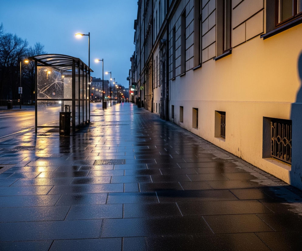 Puste miejskie otoczenie po deszczu przedstawione jest w nocy lub wczesnym rankiem. Na pierwszym planie po prawej stronie, na jasnożółtej ścianie budynku, rozciąga się długi, ciemny cień ludzkiej postaci. Chodnik wykonany z ciemnych, prostokątnych płyt jest mokry i odbija światło latarni ulicznych, tworząc rozmyte, pomarańczowe i niebieskawe refleksy. Po lewej stronie chodnika znajduje się szklana wiata przystankowa z poobijanymi elementami, obok której biegnie mokra, asfaltowa ulica, a w oddali widać rząd drzew bez liści.