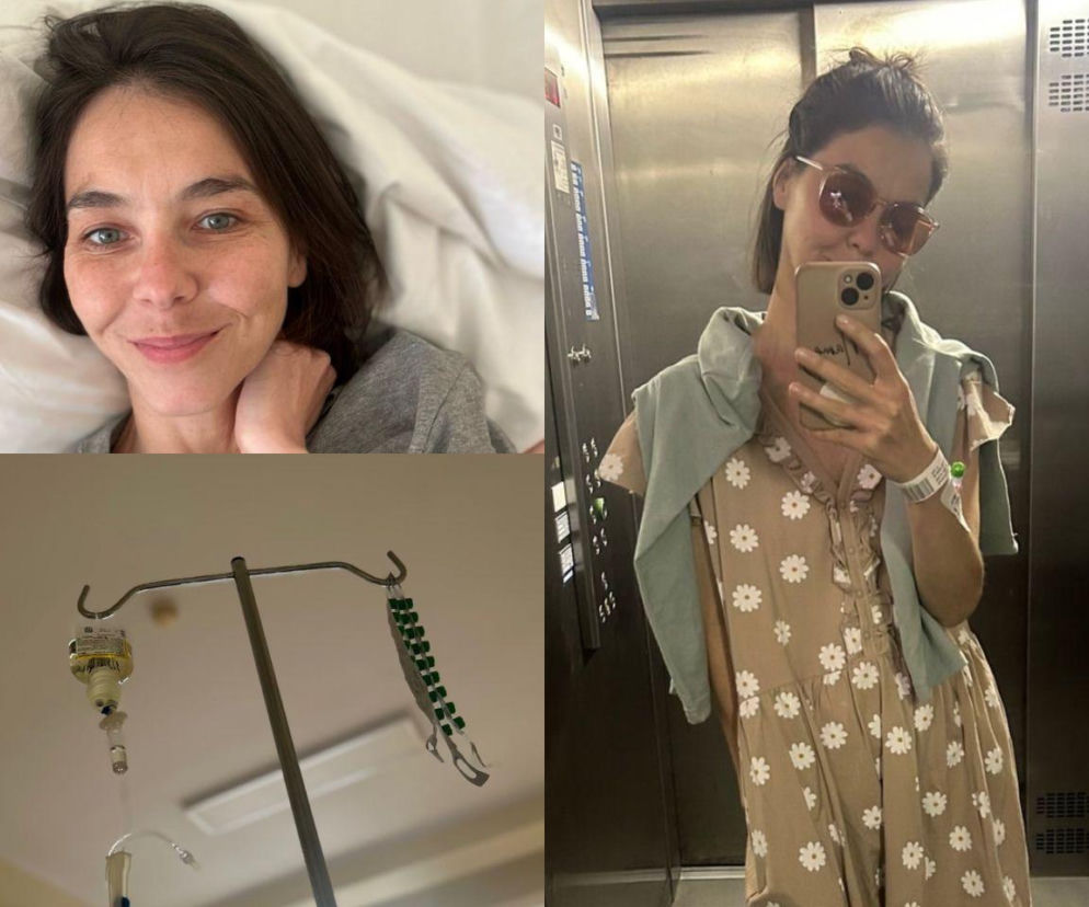 Kolaż zdjęć Pauliny Drażby ze szpitala: twarz na poduszce, kroplówka oraz lustrzane selfie. O chorobie przeczytasz na SE.