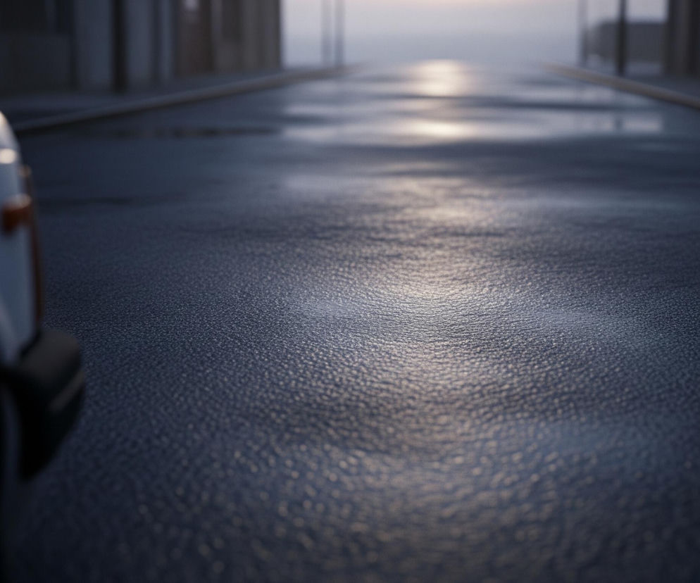 Droga asfaltowa, mokra od deszczu, zajmuje większą część kadru. Jej ciemnoszara, ziarnista powierzchnia odbija światło, tworząc jasne refleksy rozciągające się w głąb kadru. Po lewej stronie, na pierwszym planie, widoczna jest niewyraźna, biała karoseria samochodu z fragmentem reflektora. W tle, droga prowadzi w stronę zamglonego horyzontu, gdzie pastelowe barwy nieba przechodzą od jasnego beżu do bladego fioletu.