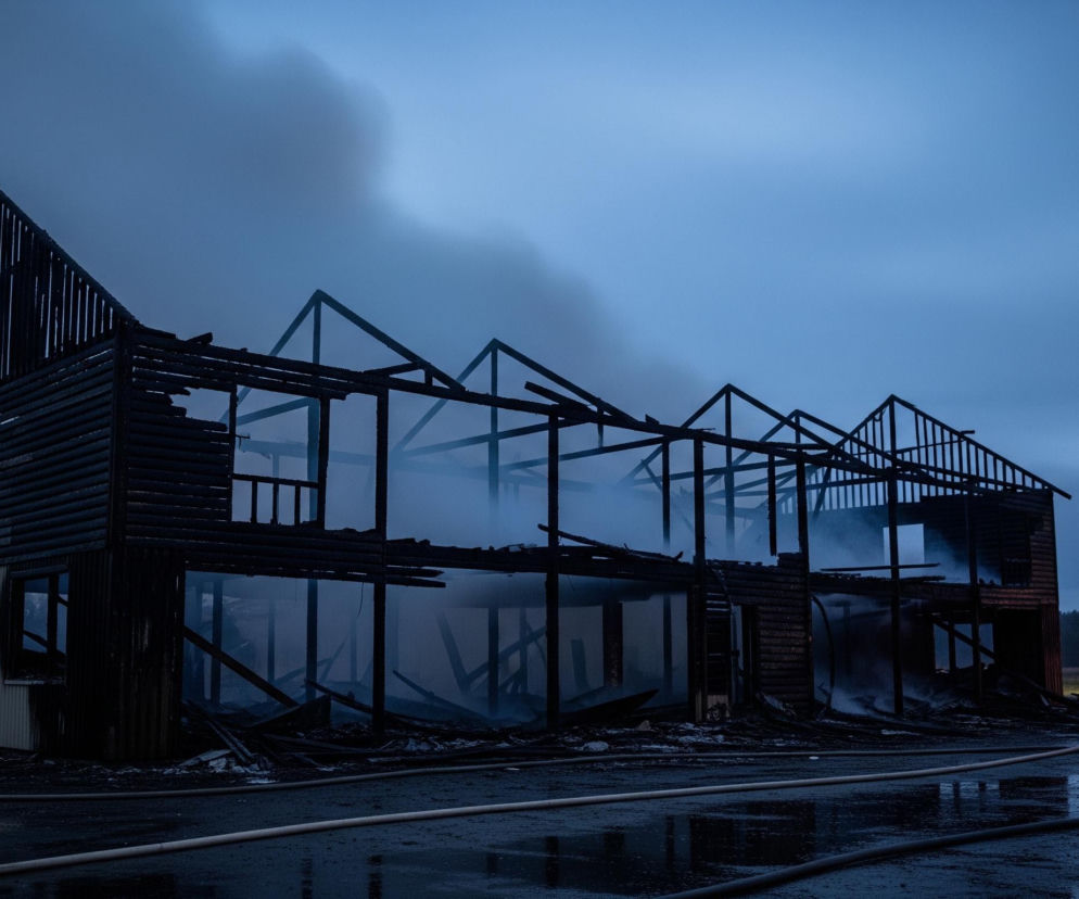 W centralnej części obrazu widoczny jest dwupiętrowy, spalony budynek o drewnianej konstrukcji, z przeważającą barwą czarną i ciemnoszarą, z którego unosi się dym w kolorze błękitnym i białym. Konstrukcja dachu jest zniszczona, odsłaniając niebo. Teren wokół budynku pokryty jest ciemnym, mokrym gruntem, na którym leżą spalone deski i leżące węże strażackie. W oddali, po prawej stronie, stoi czerwony wóz strażacki z włączonymi światłami, a w tle rozciąga się ciemny las. Całość sceny skąpana jest w ciemnoniebieskim, wieczornym lub porannym świetle.