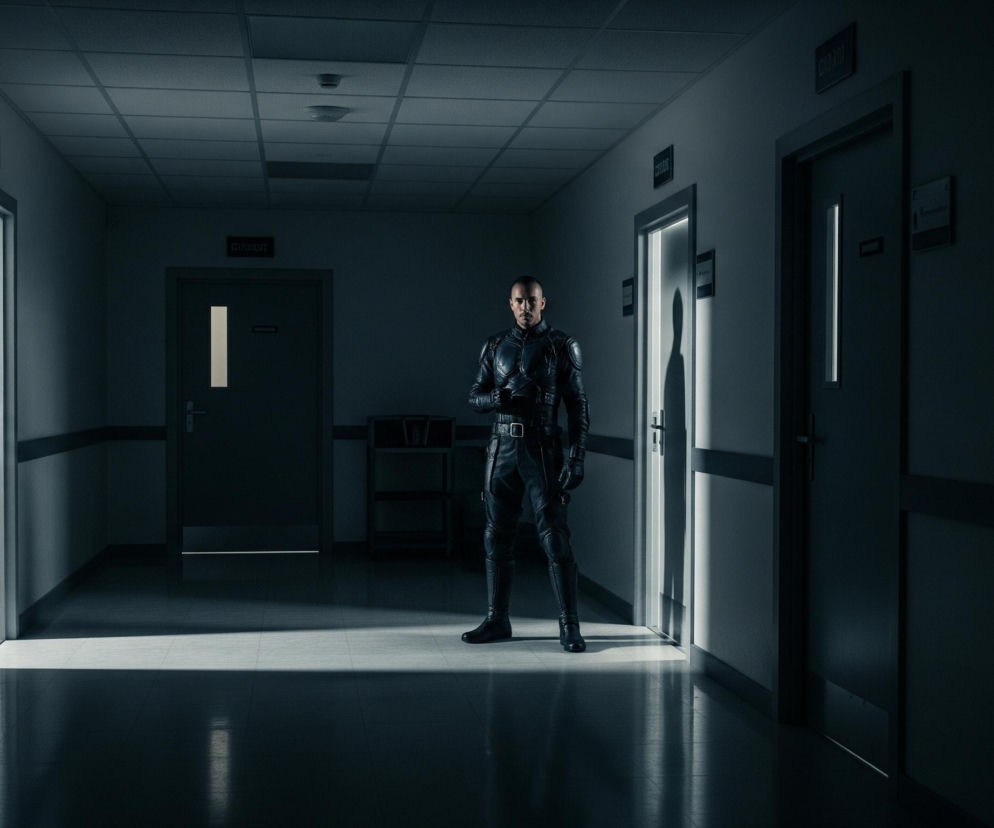 Mężczyzna w ciemnym, obcisłym kombinezonie ze skóry, przypominającym pancerz, stoi w centrum ciemnego korytarza. Światło pada z otwartych drzwi po obu stronach mężczyzny, tworząc jasne prostokąty na podłodze. Korytarz ma szare ściany z białymi listwami i podwieszany sufit z kasetonami, a dalsza jego część ginie w mroku, z widocznymi jedynie nieoświetlonymi drzwiami.
