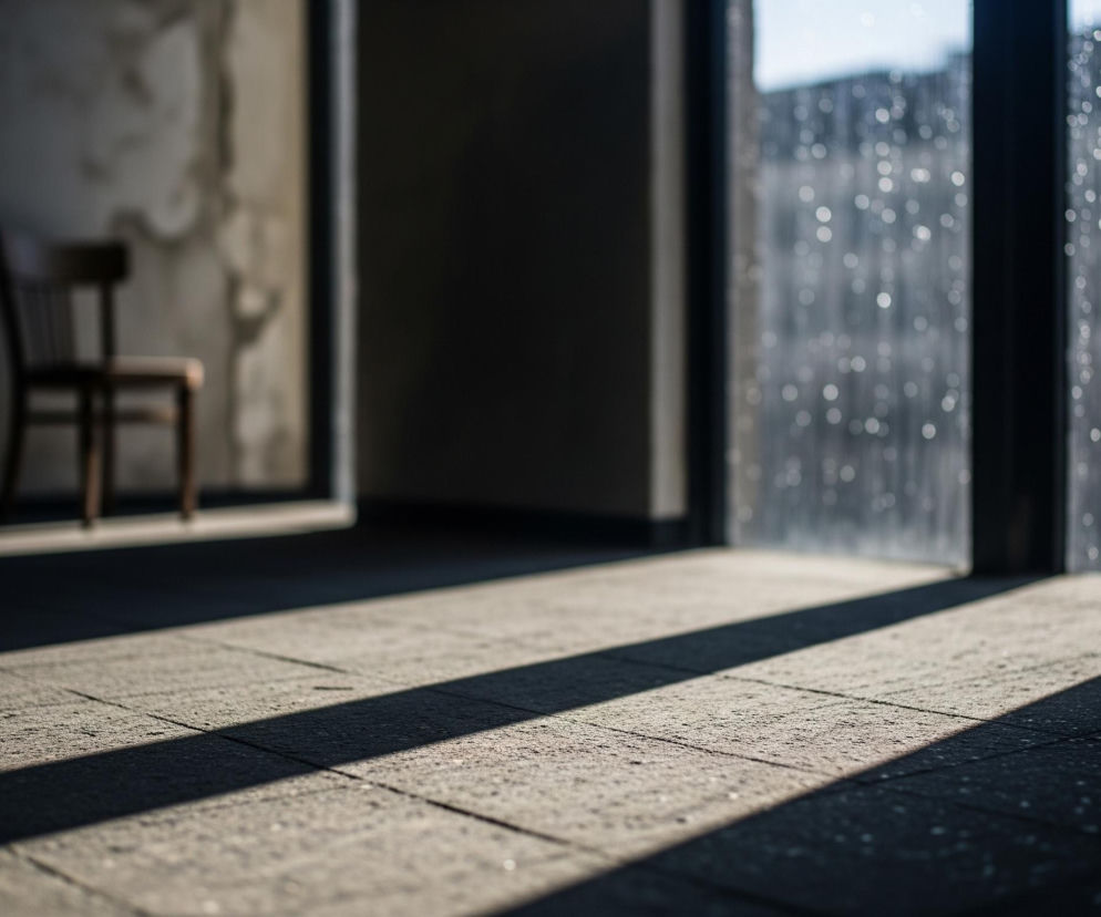 Podłoga w pomieszczeniu jest wykonana z jasnoszarych, prostokątnych płytek, oświetlonych ukośnymi pasmami intensywnego światła słonecznego, tworzącymi wyraźne cienie. W tle, po lewej stronie, stoi rozmyte drewniane krzesło z czterema szczebelkami w oparciu, znajdujące się w ciemnym, niewyraźnym korytarzu z widocznymi teksturami na ścianie. Po prawej stronie dominują duże, pionowe okna z czarnymi ramami, przez które wpada jaskrawe światło, a ich powierzchnia pokryta jest licznymi, rozmywającymi się jasnymi punktami, przypominającymi krople deszczu lub odbicia.