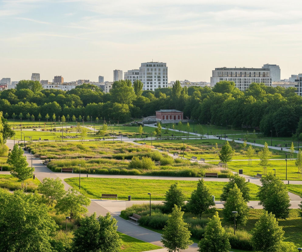 Rozległy park z zielonymi trawnikami i gęstymi drzewami zajmuje większą część obrazu. Faliste ścieżki przeplatają się przez park, wzdłuż których rozmieszczone są ławki i latarnie. W głębi parku, wśród drzew, widać czerwono-ceglany budynek, a za nim wznosi się horyzont miasta z licznymi budynkami mieszkalnymi o jasnych elewacjach. Niebo, zajmujące górną część kadru, jest lekko zachmurzone.