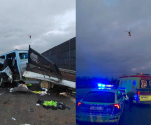 Bus z pięcioma osobami rozbił się na barierze. Helikopter LPR na miejscu