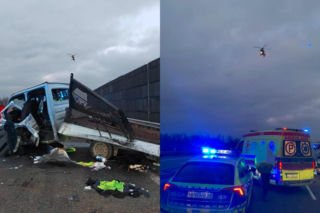 Bus z pięcioma osobami rozbił się na barierze. Helikopter LPR na miejscu